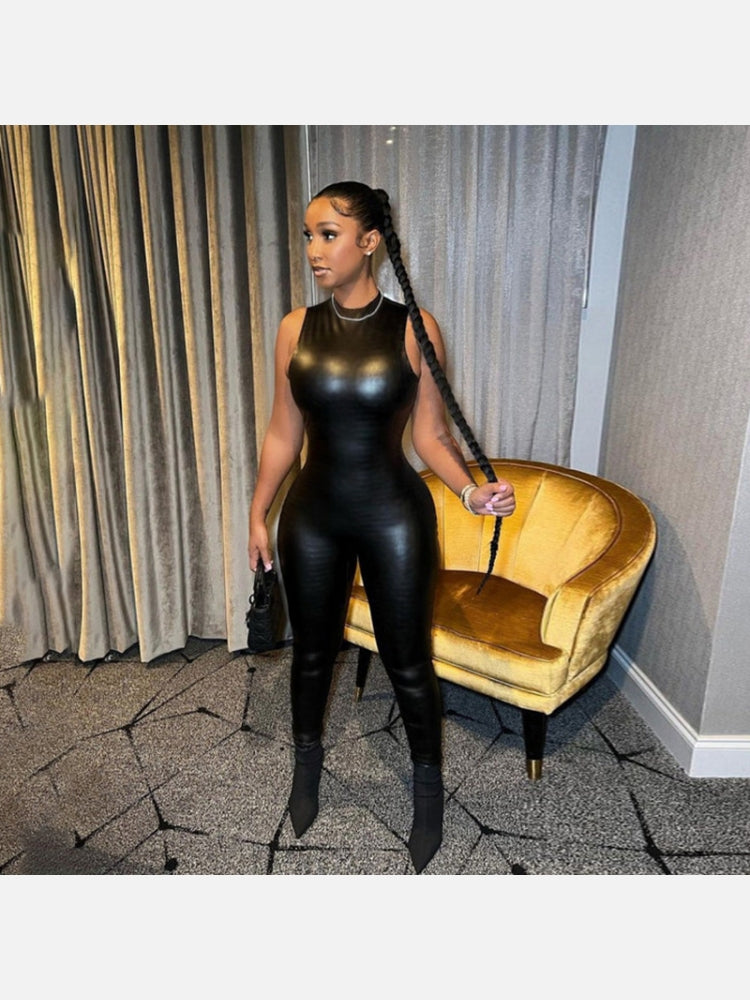 Sleeveless Faux Leather Style Catsuit