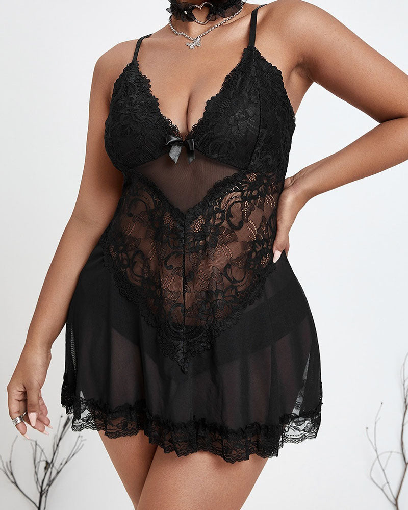 Plus Size Sheer Mesh Baby-Doll Lingerie Set