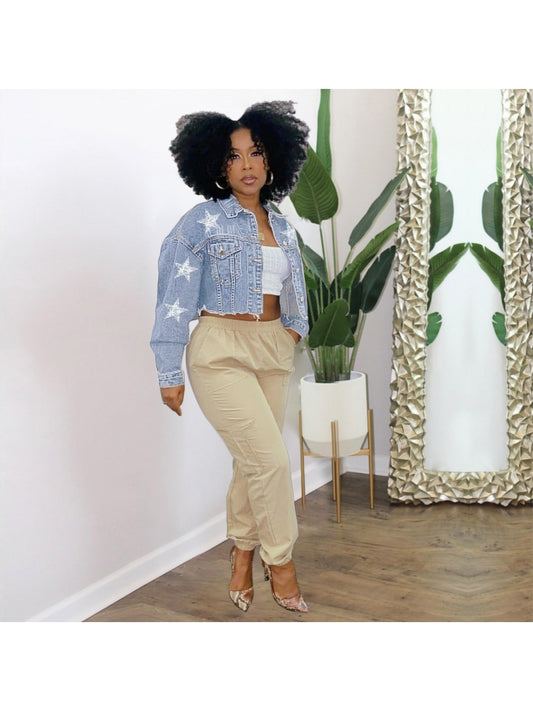 Cropped Denim Jacket with Silver Stars