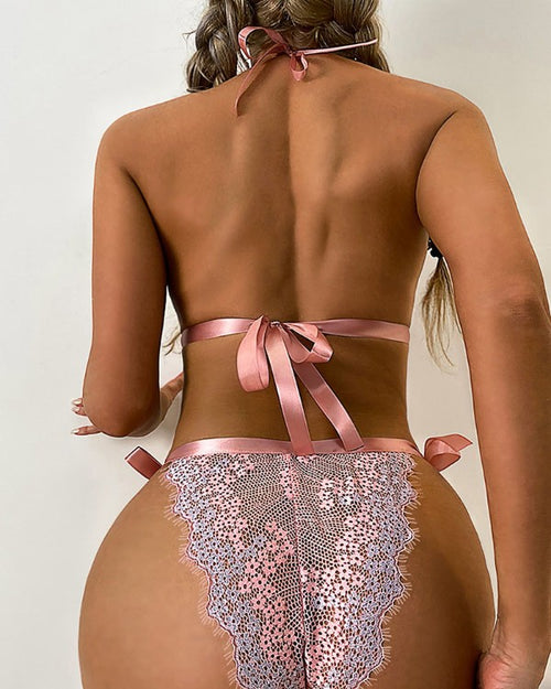 Crouchet Laced Tie-Up Lingerie Set