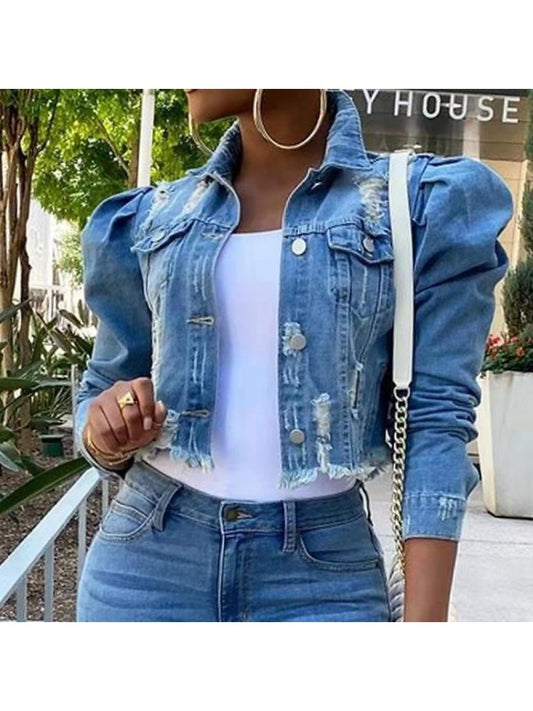 Cropped Puffy Shoulder Ripped Denim Jacket