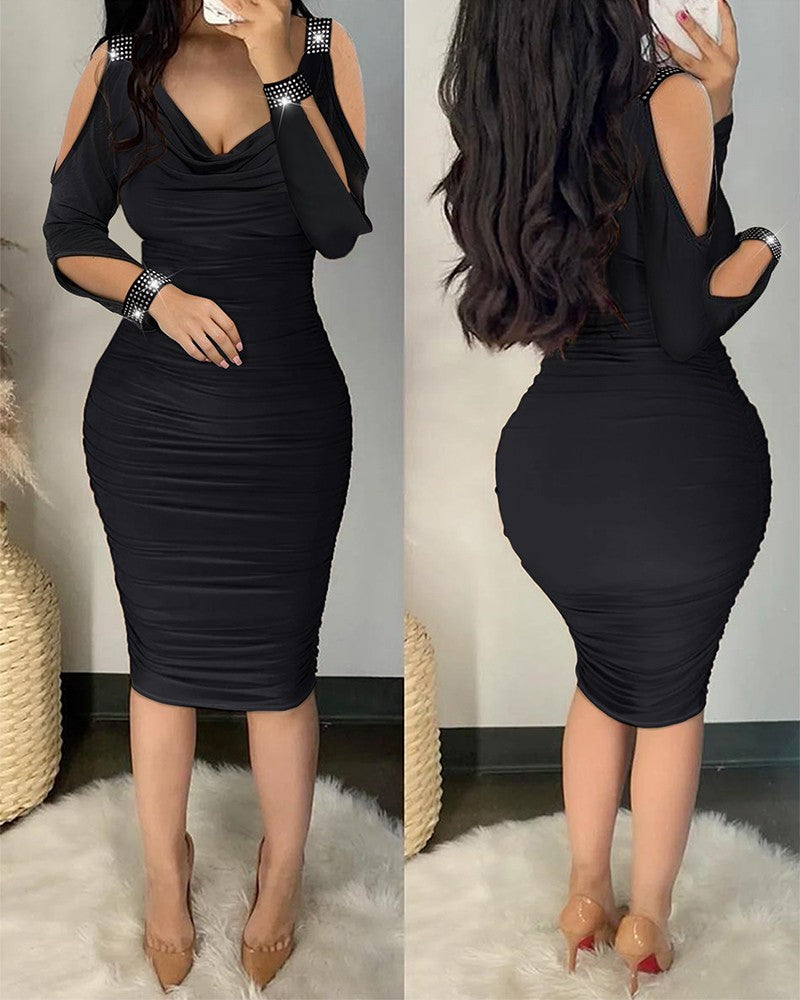 Black Hollowed Sleeve Ruched Dress with Bling Accent